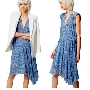 NWT Zadig & Voltaire Rozane Velours Blue Midi Dress V Neck Built In Slip Size M